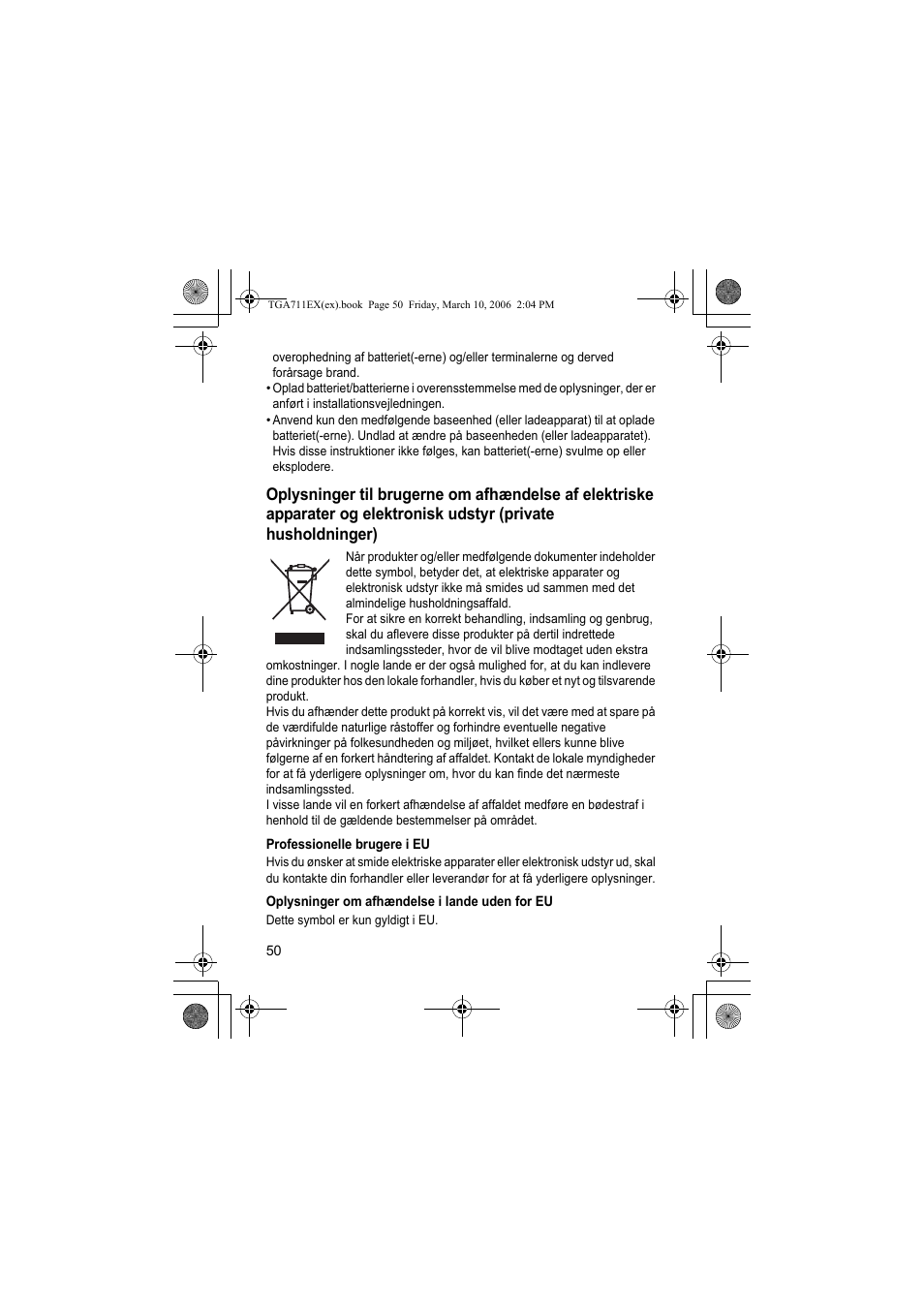 Professionelle brugere i eu, Oplysninger om afhændelse i lande uden for eu | Panasonic KXTGA711EX User Manual | Page 50 / 76