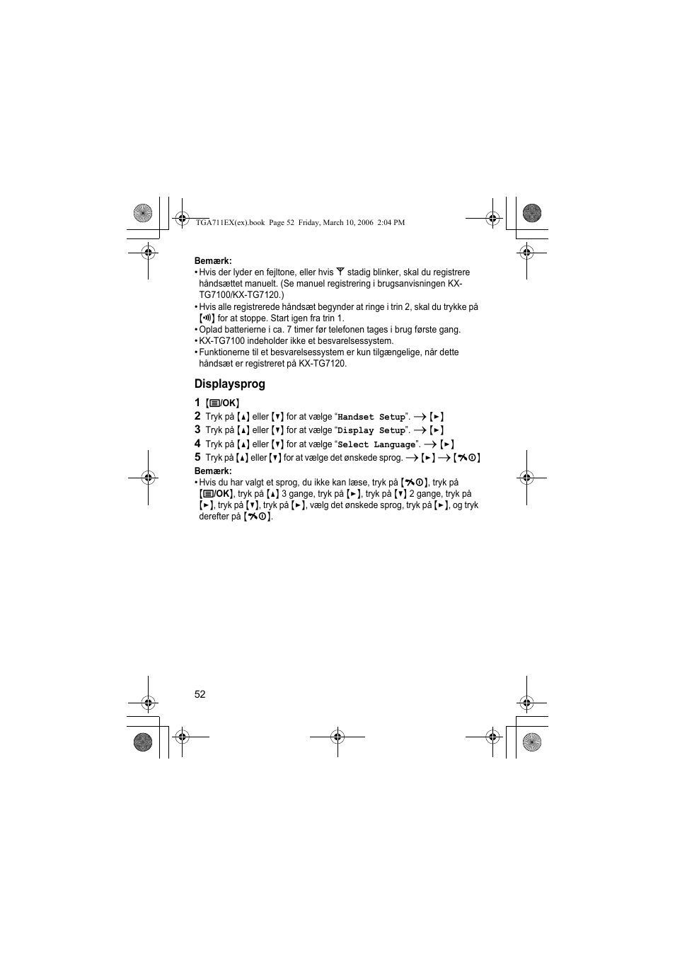 Bemærk, Displaysprog, 1 {j/ok | Panasonic KXTGA711EX User Manual | Page 52 / 76