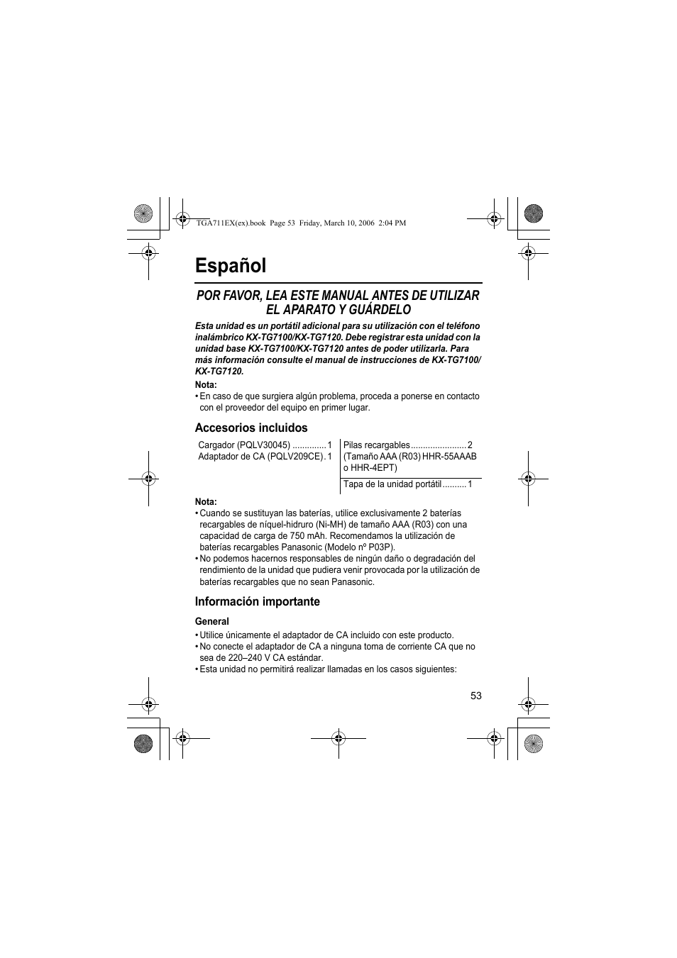 Español, Nota, Accesorios incluidos | Información importante, General | Panasonic KXTGA711EX User Manual | Page 53 / 76