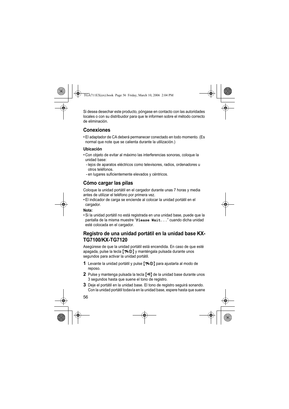 Conexiones, Ubicación, Cómo cargar las pilas | Nota | Panasonic KXTGA711EX User Manual | Page 56 / 76