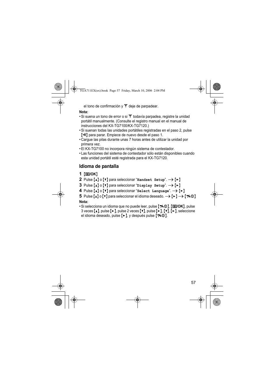 Nota, Idioma de pantalla, 1 {j/ok | Panasonic KXTGA711EX User Manual | Page 57 / 76