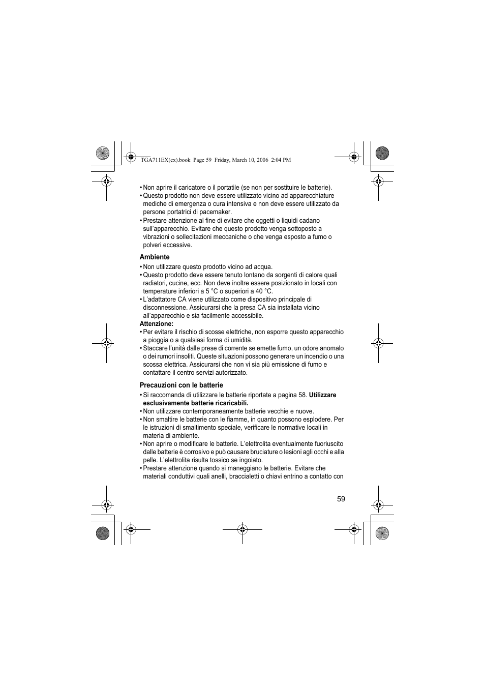 Ambiente, Precauzioni con le batterie | Panasonic KXTGA711EX User Manual | Page 59 / 76
