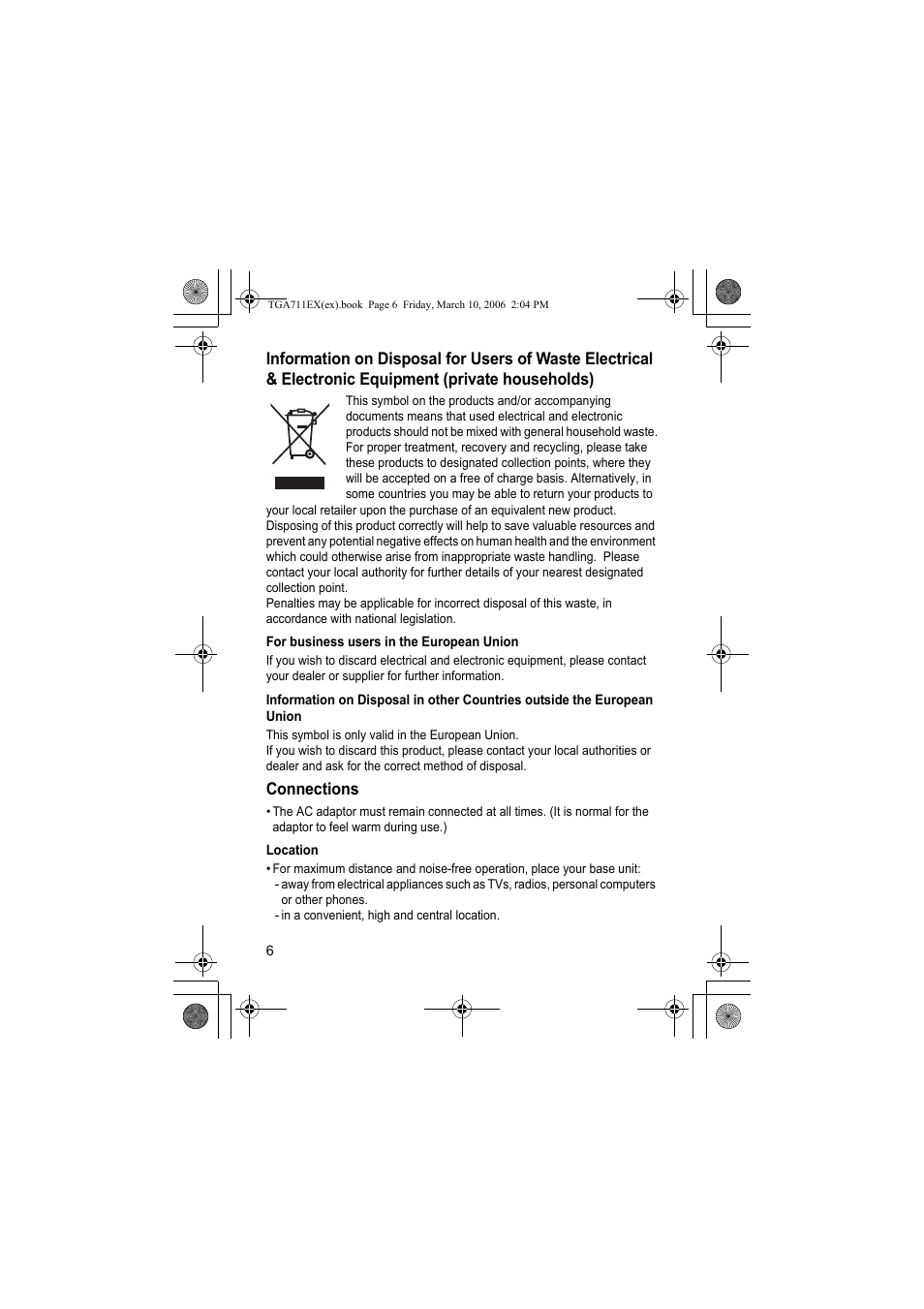For business users in the european union, Connections, Location | Panasonic KXTGA711EX User Manual | Page 6 / 76