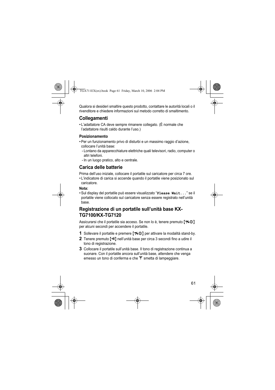 Collegamenti, Posizionamento, Carica delle batterie | Nota | Panasonic KXTGA711EX User Manual | Page 61 / 76