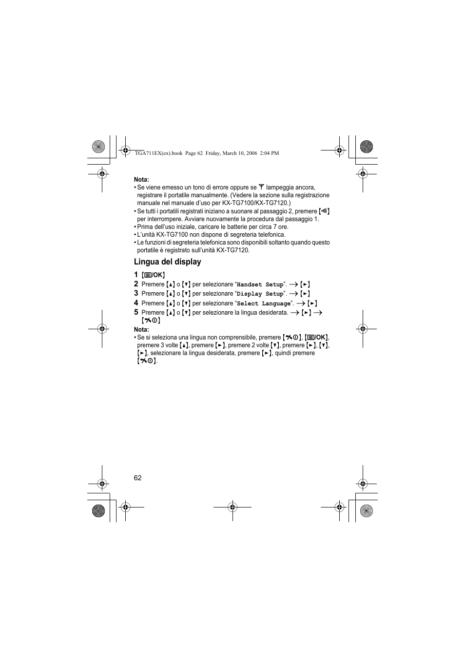 Nota, Lingua del display, 1 {j/ok | Panasonic KXTGA711EX User Manual | Page 62 / 76