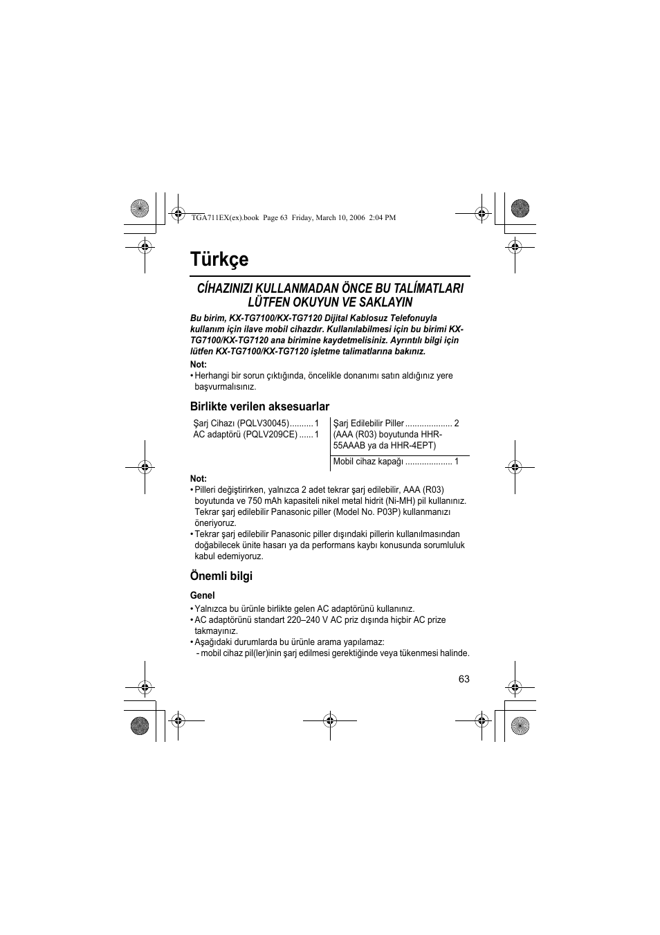Türkçe, Birlikte verilen aksesuarlar, Önemli bilgi | Genel | Panasonic KXTGA711EX User Manual | Page 63 / 76