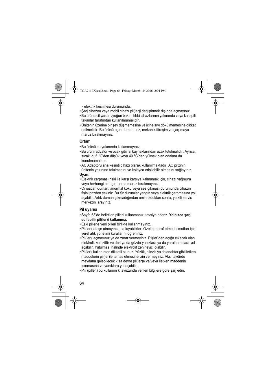 Ortam, Pil uyaræsæ | Panasonic KXTGA711EX User Manual | Page 64 / 76