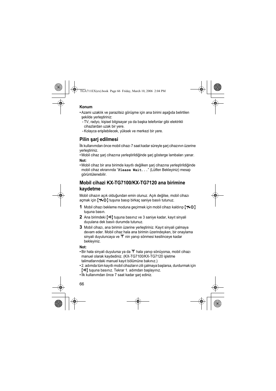 Konum, Pilin arj edilmesi, Pilin şarj edilmesi | Panasonic KXTGA711EX User Manual | Page 66 / 76