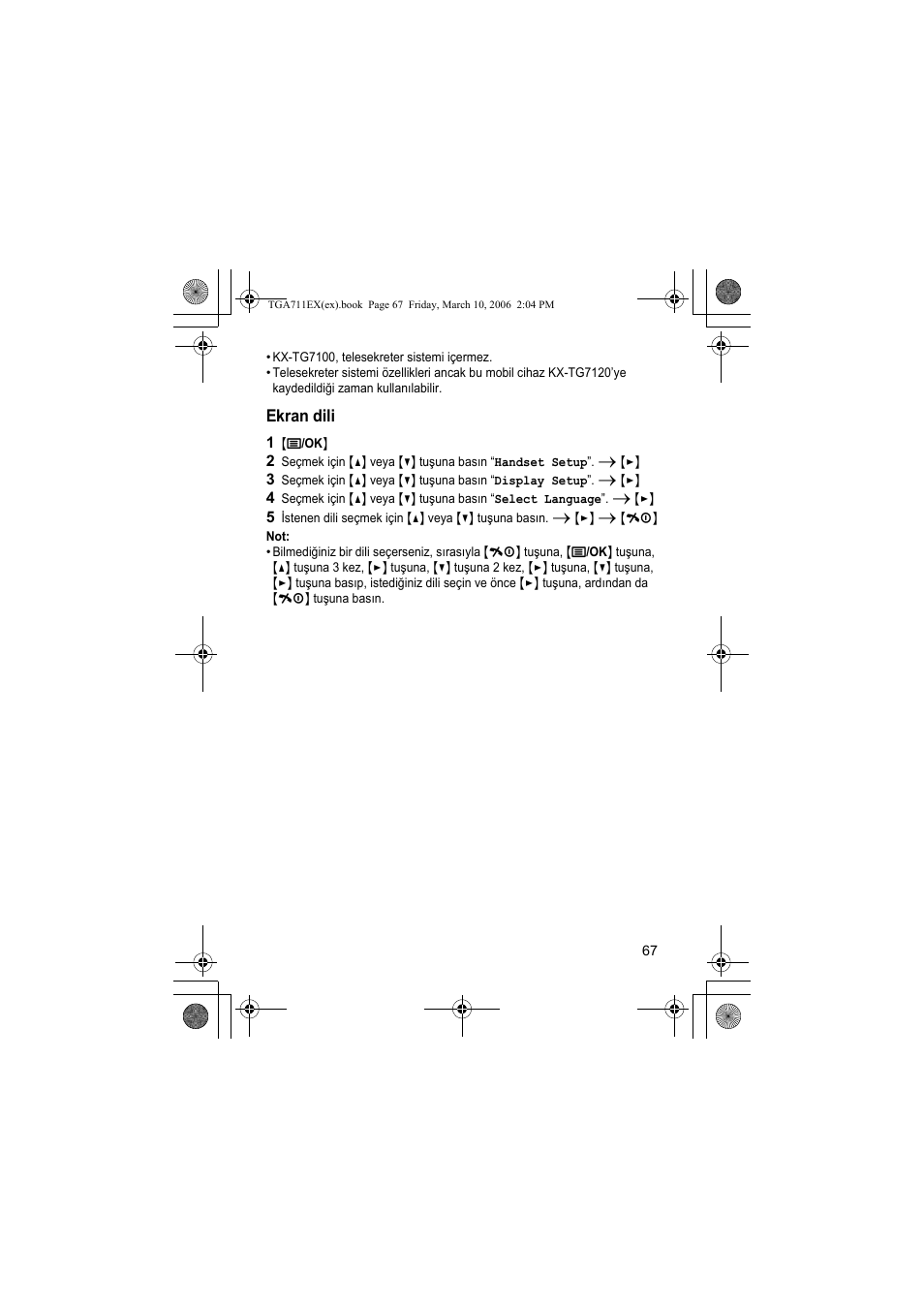 Ekran dili, 1 {j/ok | Panasonic KXTGA711EX User Manual | Page 67 / 76