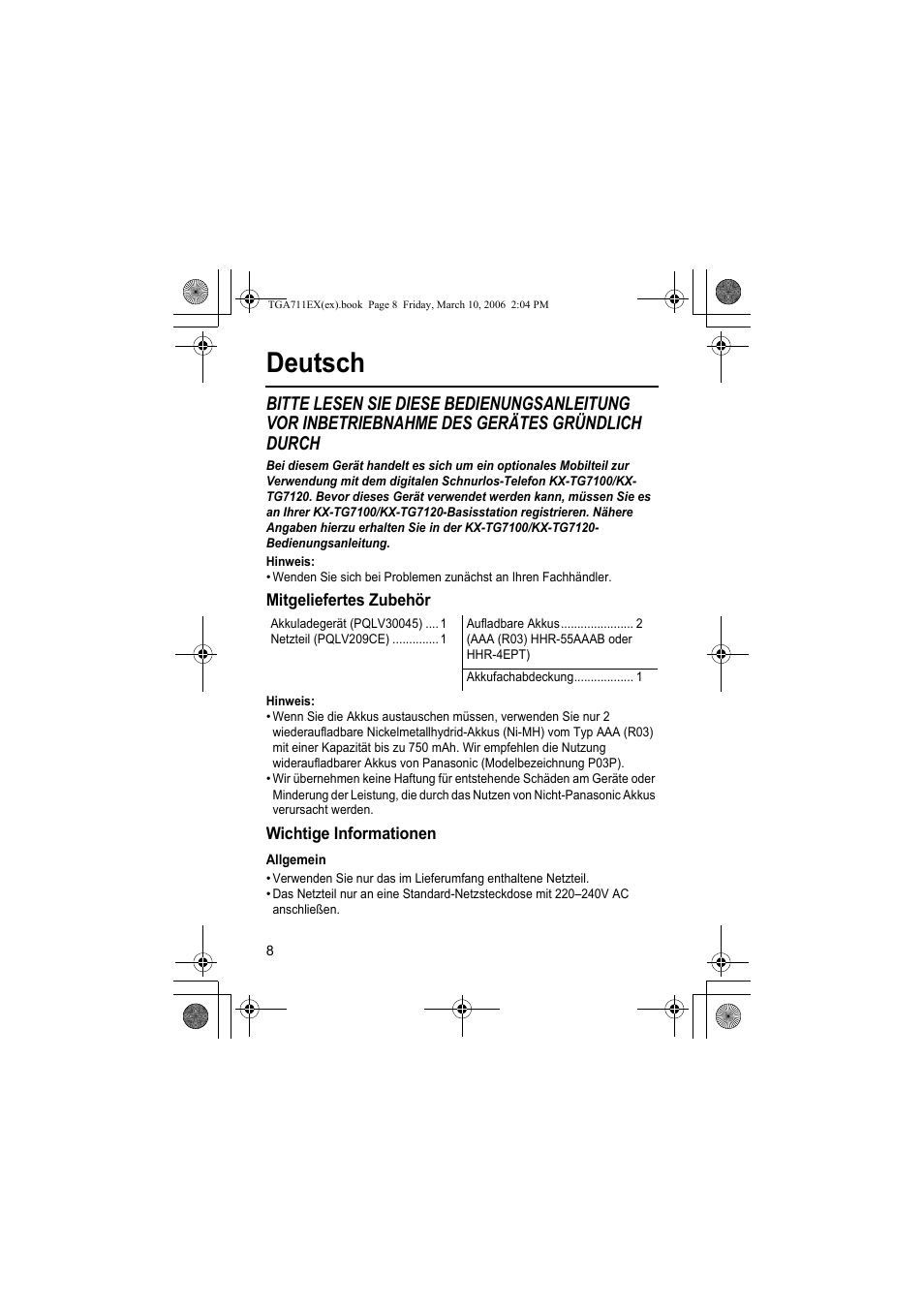 Deutsch, Hinweis, Mitgeliefertes zubehör | Wichtige informationen, Allgemein | Panasonic KXTGA711EX User Manual | Page 8 / 76