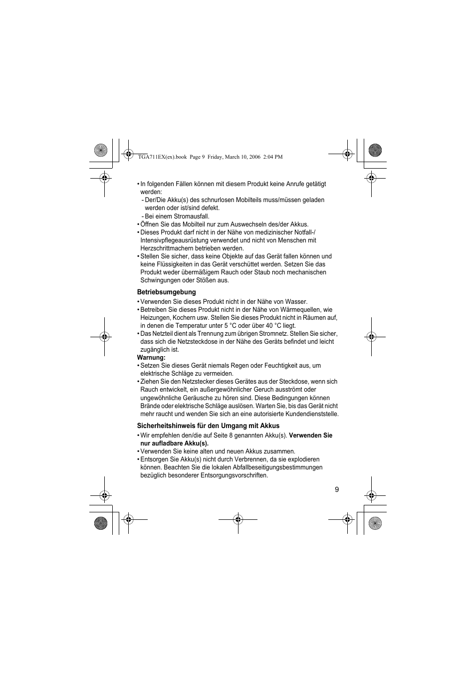 Betriebsumgebung, Sicherheitshinweis für den umgang mit akkus | Panasonic KXTGA711EX User Manual | Page 9 / 76