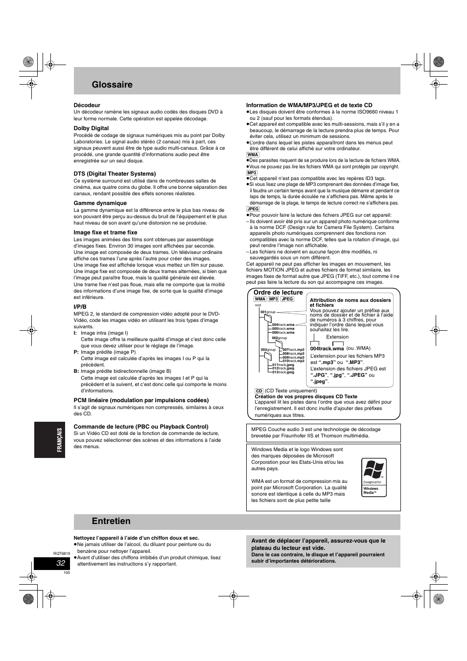 Glossaire, Entretien | Panasonic SCDP1 User Manual | Page 100 / 104