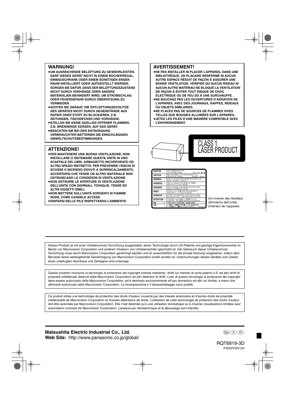 Class 1 laser product class 1 laser product | Panasonic SCDP1 User Manual | Page 104 / 104