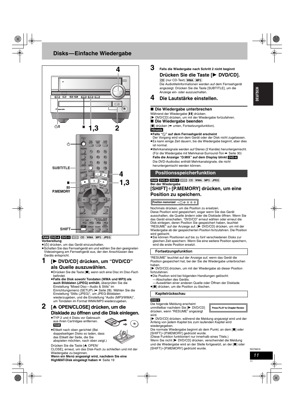 Disks—einfache wiedergabe, Drücken sie die taste [ 1 dvd/cd, Die lautstärke einstellen | Positionsspeicherfunktion, Ac in, Die wiedergabe unterbrechen, Die wiedergabe beenden | Panasonic SCDP1 User Manual | Page 11 / 104