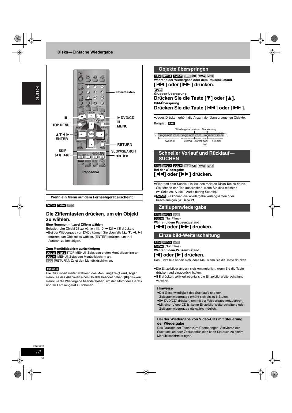 Die zifferntasten drücken, um ein objekt zu wählen, Oder [ 9 ] drücken, Drücken sie die taste [ 4 ] oder [ 3 | Drücken sie die taste [ : ] oder [ 9, 6 ] oder [ 5 ] drücken, 2 ] oder [ 1 ] drücken, Disks—einfache wiedergabe | Panasonic SCDP1 User Manual | Page 12 / 104