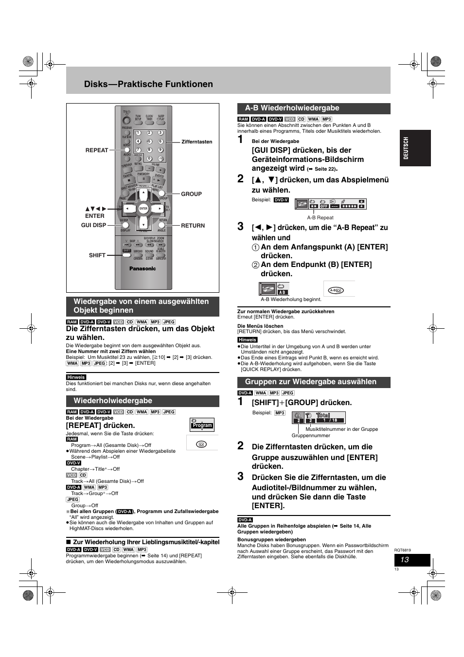 Disks—praktische funktionen, Die zifferntasten drücken, um das objekt zu wählen, Repeat] drücken | 3 , 4 ] drücken, um das abspielmenü zu wählen, Shift] i [group] drücken | Panasonic SCDP1 User Manual | Page 13 / 104