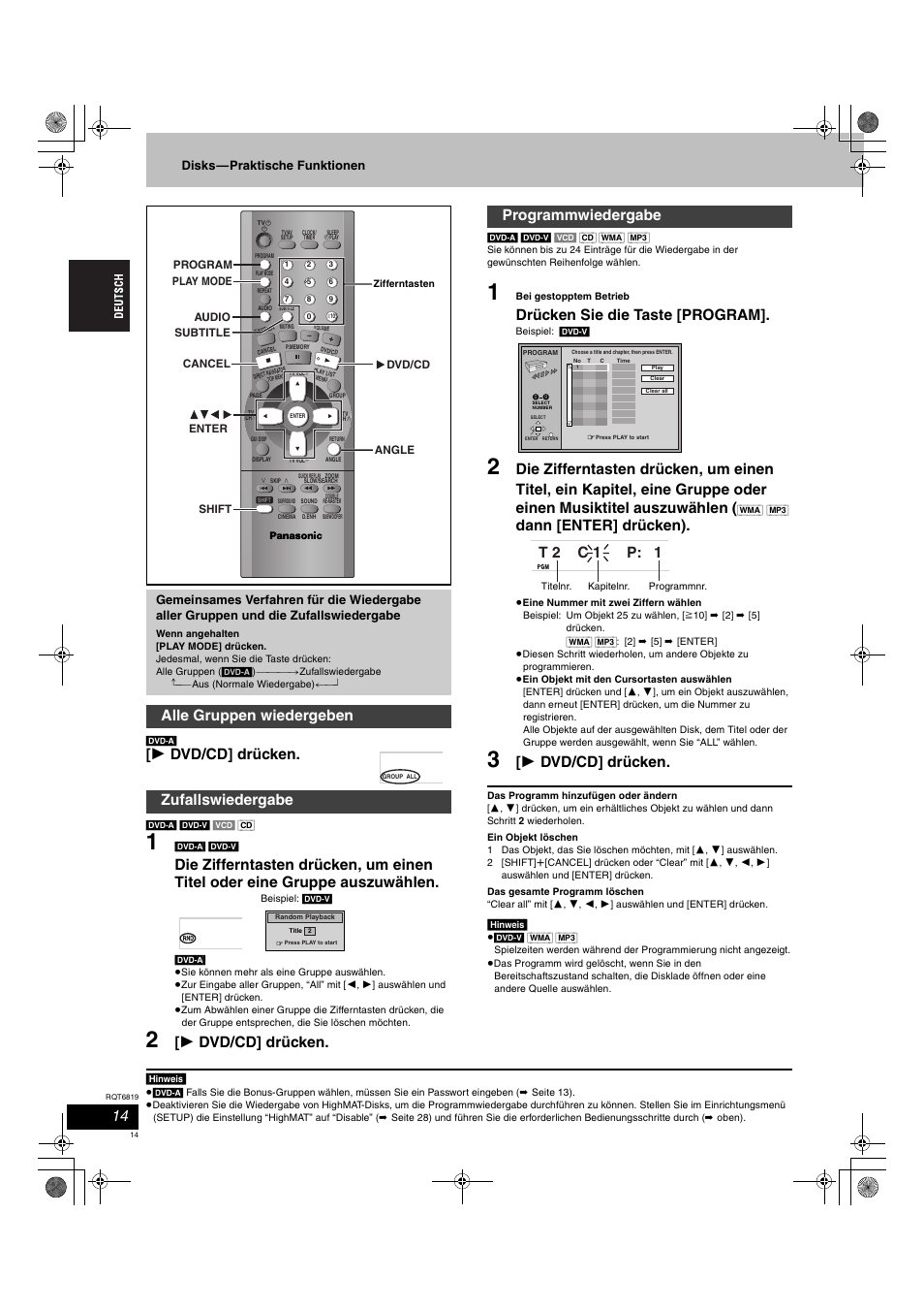 1 dvd/cd] drücken, Drücken sie die taste [program, Dann [enter] drücken) | Alle gruppen wiedergeben zufallswiedergabe, Programmwiedergabe, T 2 c 1 p: 1, Disks—praktische funktionen | Panasonic SCDP1 User Manual | Page 14 / 104