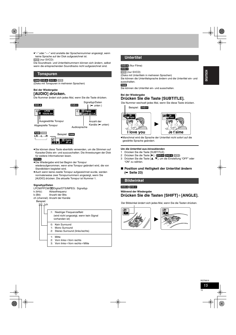 Audio] drücken, Drücken sie die taste [subtitle, Untertitel bildwinkel i love you | Je t’aime | Panasonic SCDP1 User Manual | Page 15 / 104