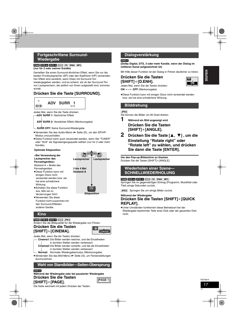 Drücken sie die taste [surround, Drücken sie die tasten [shift] i [cinema, Drücken sie die tasten [shift] i [page | Drücken sie die tasten [shift] i [d.enh, Drücken sie die tasten [shift] i [angle, Drücken sie die tasten [shift] i [quick replay, Adv surr 1 | Panasonic SCDP1 User Manual | Page 17 / 104