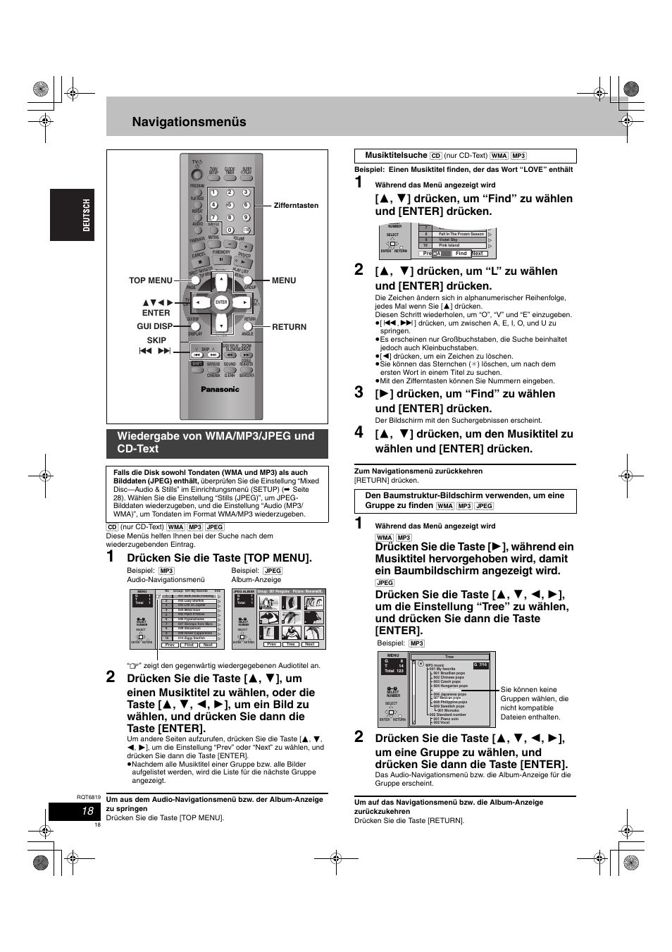 Navigationsmenüs, Drücken sie die taste [top menu, Wiedergabe von wma/mp3/jpeg und cd-text | Panasonic SCDP1 User Manual | Page 18 / 104