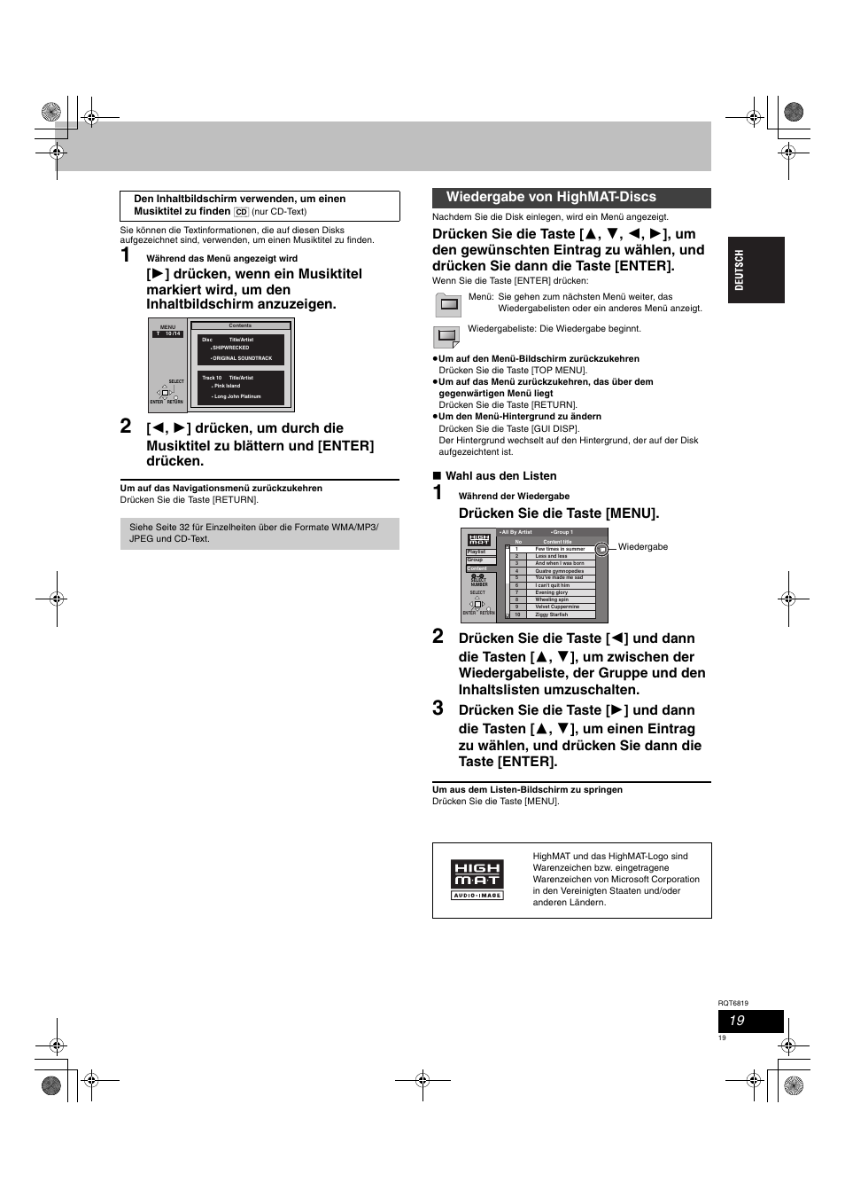 Drücken sie die taste [menu, Wiedergabe von highmat-discs | Panasonic SCDP1 User Manual | Page 19 / 104