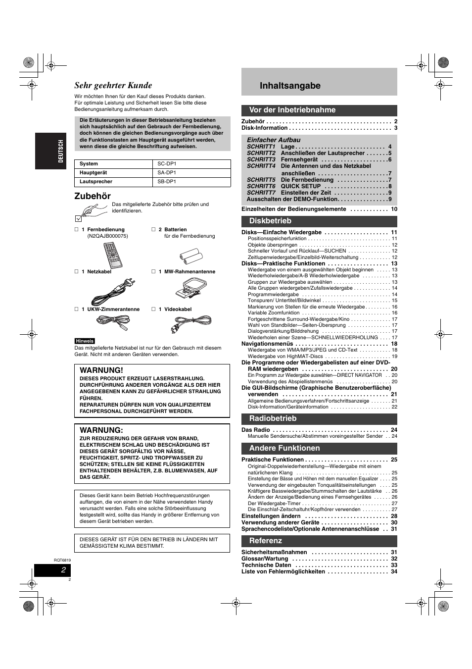 Sehr geehrter kunde, Zubehör, Inhaltsangabe | Warnung, Vor der inbetriebnahme | Panasonic SCDP1 User Manual | Page 2 / 104