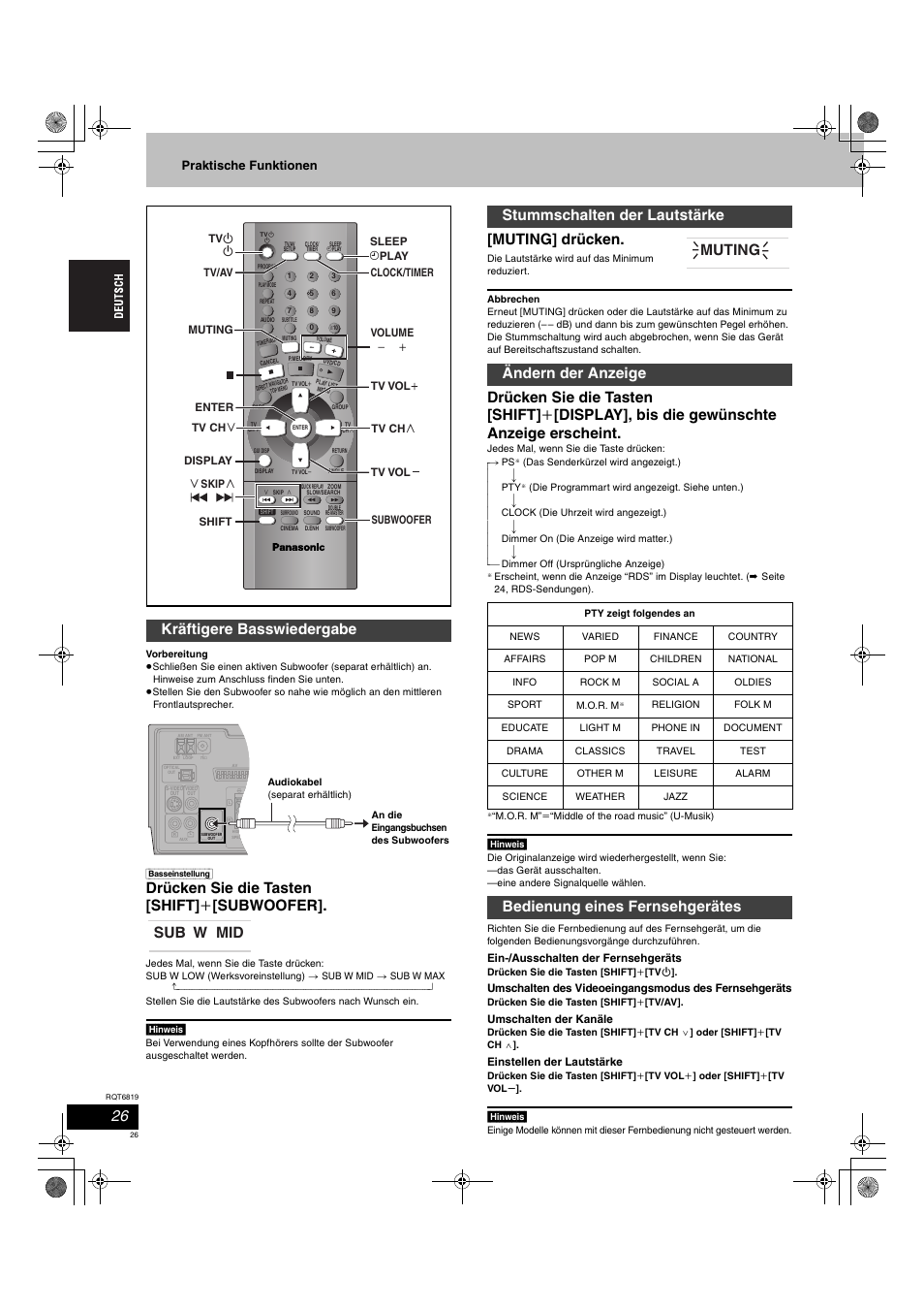 Drücken sie die tasten [shift] i [subwoofer, Muting] drücken, Kräftigere basswiedergabe | Bedienung eines fernsehgerätes muting, Praktische funktionen | Panasonic SCDP1 User Manual | Page 26 / 104