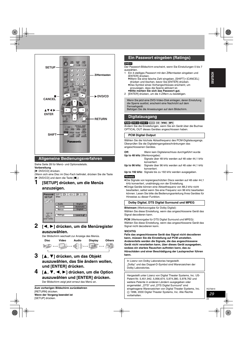 Setup] drücken, um die menüs anzuzeigen, 2 , 1 ] drücken, um die menüregister auszuwählen, Allgemeine bedienungsverfahren | Ein passwort eingeben (ratings), Digitalausgang | Panasonic SCDP1 User Manual | Page 29 / 104