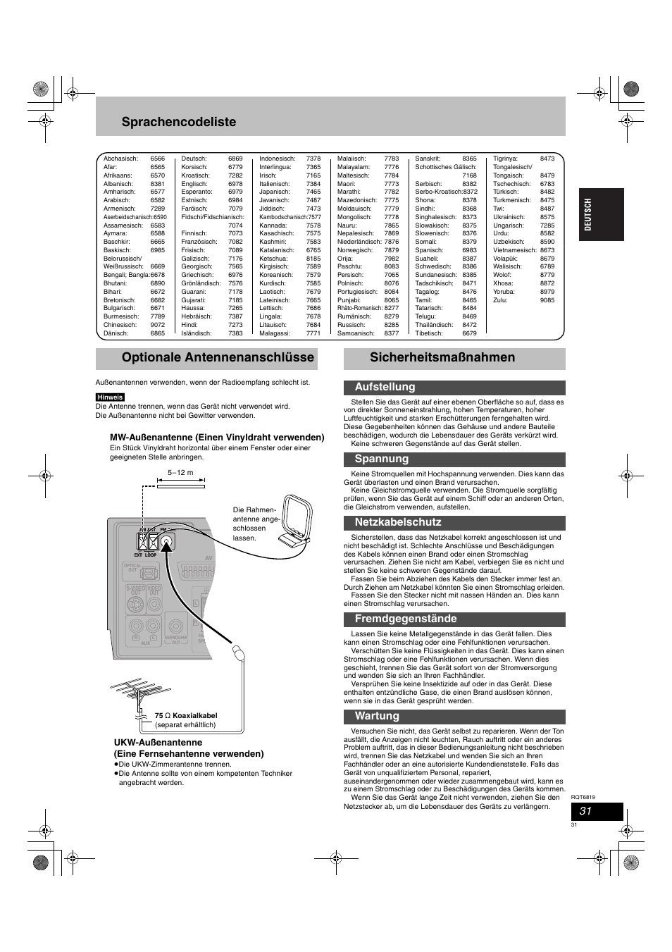 Sprachencodeliste, Optionale antennenanschlüsse, Sicherheitsmaßnahmen | Mw-außenantenne (einen vinyldraht verwenden), Ukw-außenantenne (eine fernsehantenne verwenden) | Panasonic SCDP1 User Manual | Page 31 / 104