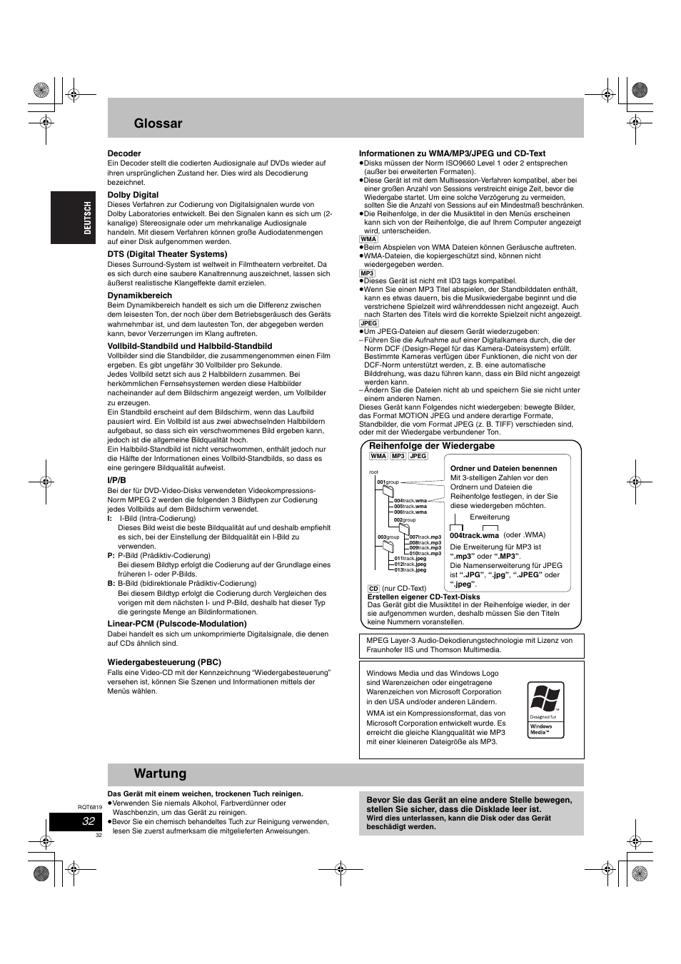 Glossar, Wartung | Panasonic SCDP1 User Manual | Page 32 / 104