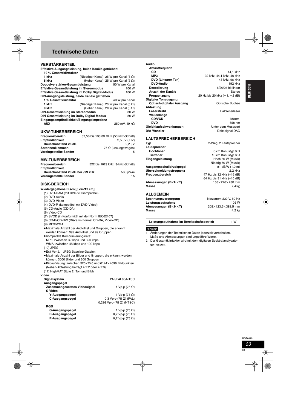 Technische daten | Panasonic SCDP1 User Manual | Page 33 / 104