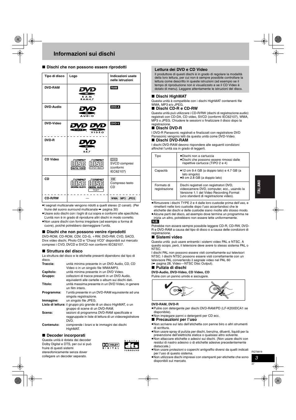 Informazioni sui dischi | Panasonic SCDP1 User Manual | Page 37 / 104