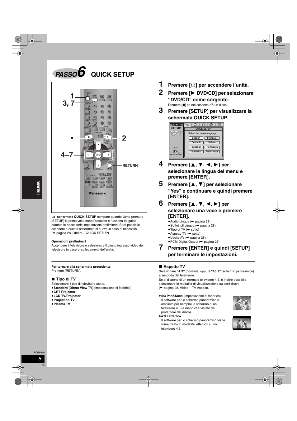 Passo, Quick setup, Premere [ í ] per accendere l’unità | Panasonic SCDP1 User Manual | Page 42 / 104