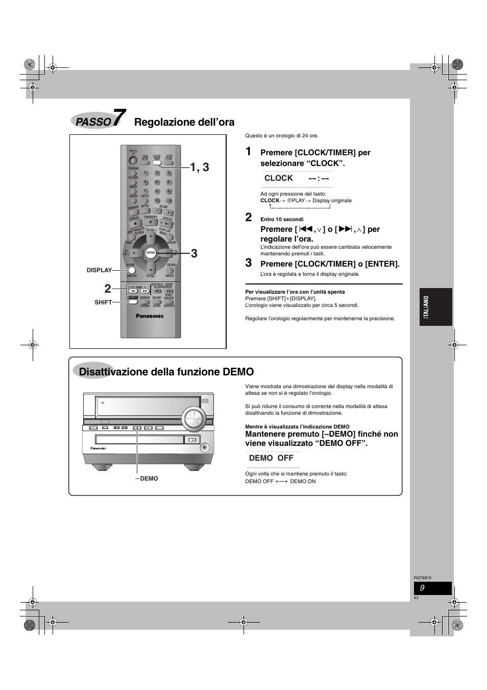 Passo, Regolazione dell’ora, Disattivazione della funzione demo | Premere [clock/timer] per selezionare “clock, Premere [ : , x ] o [ 9 , w ] per regolare l’ora, Premere [clock/timer] o [enter, Clock, Demo off, Ac in | Panasonic SCDP1 User Manual | Page 43 / 104