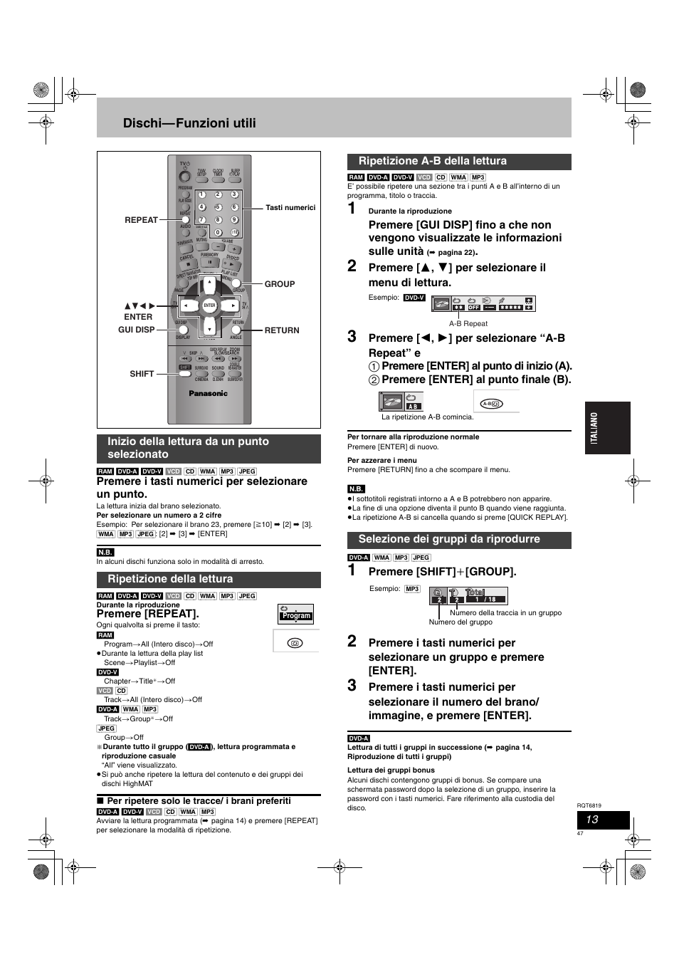 Dischi—funzioni utili, Premere i tasti numerici per selezionare un punto, Premere [repeat | Premere [shift] i [group, Per ripetere solo le tracce/ i brani preferiti | Panasonic SCDP1 User Manual | Page 47 / 104