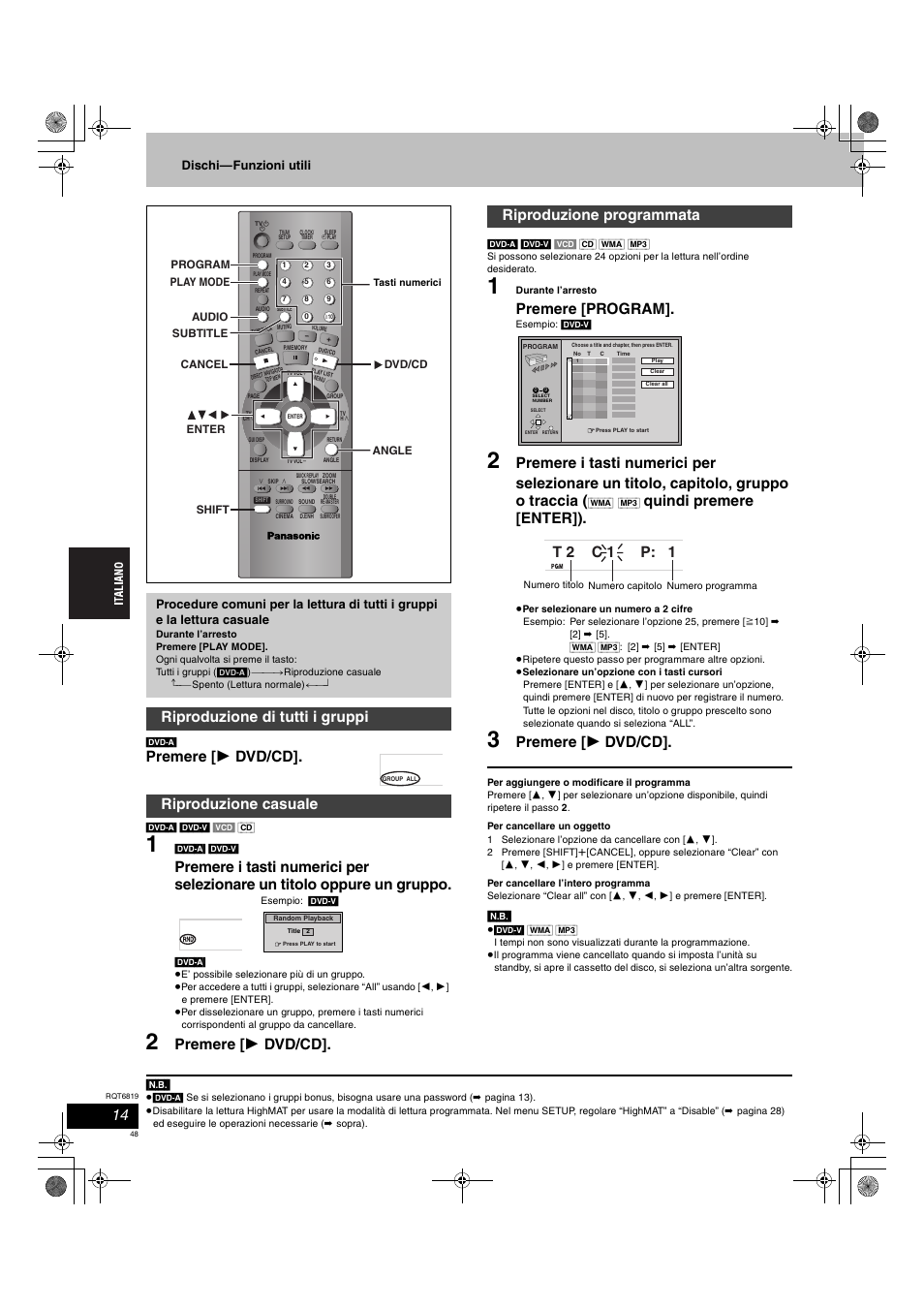 Premere [ 1 dvd/cd, Premere [program, Quindi premere [enter]) | Riproduzione programmata, T 2 c 1 p: 1, Dischi—funzioni utili | Panasonic SCDP1 User Manual | Page 48 / 104