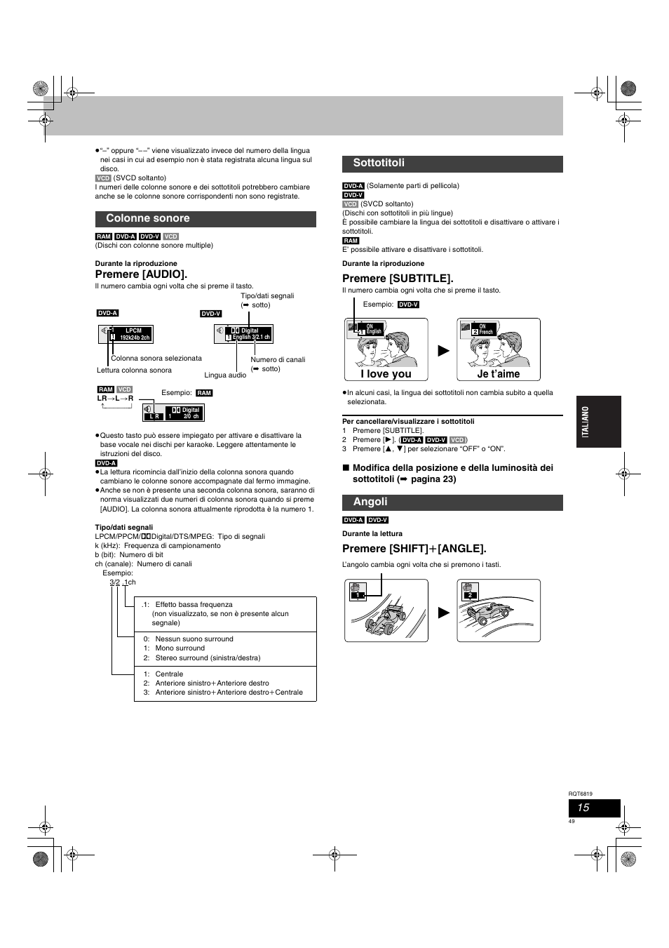 Premere [audio, Premere [subtitle, Premere [shift] i [angle | Colonne sonore, Sottotitoli angoli i love you, Je t’aime | Panasonic SCDP1 User Manual | Page 49 / 104