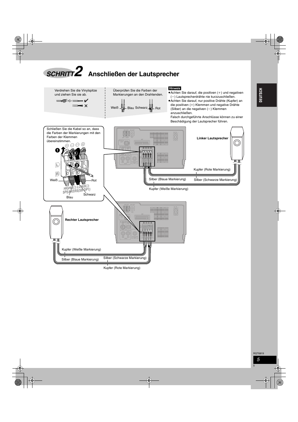 Schritt, Anschließen der lautsprecher, Speakers(sb-dp1) high(6 ≠ ) lo w(6 ≠ ) | Panasonic SCDP1 User Manual | Page 5 / 104