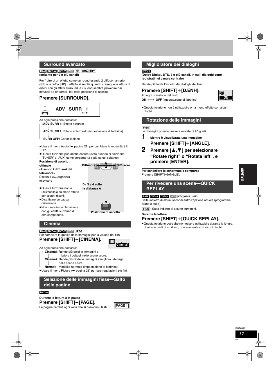 Premere [surround, Premere [shift] i [cinema, Premere [shift] i [page | Premere [shift] i [d.enh, Premere [shift] i [angle, Premere [shift] i [quick replay, Adv surr 1 | Panasonic SCDP1 User Manual | Page 51 / 104