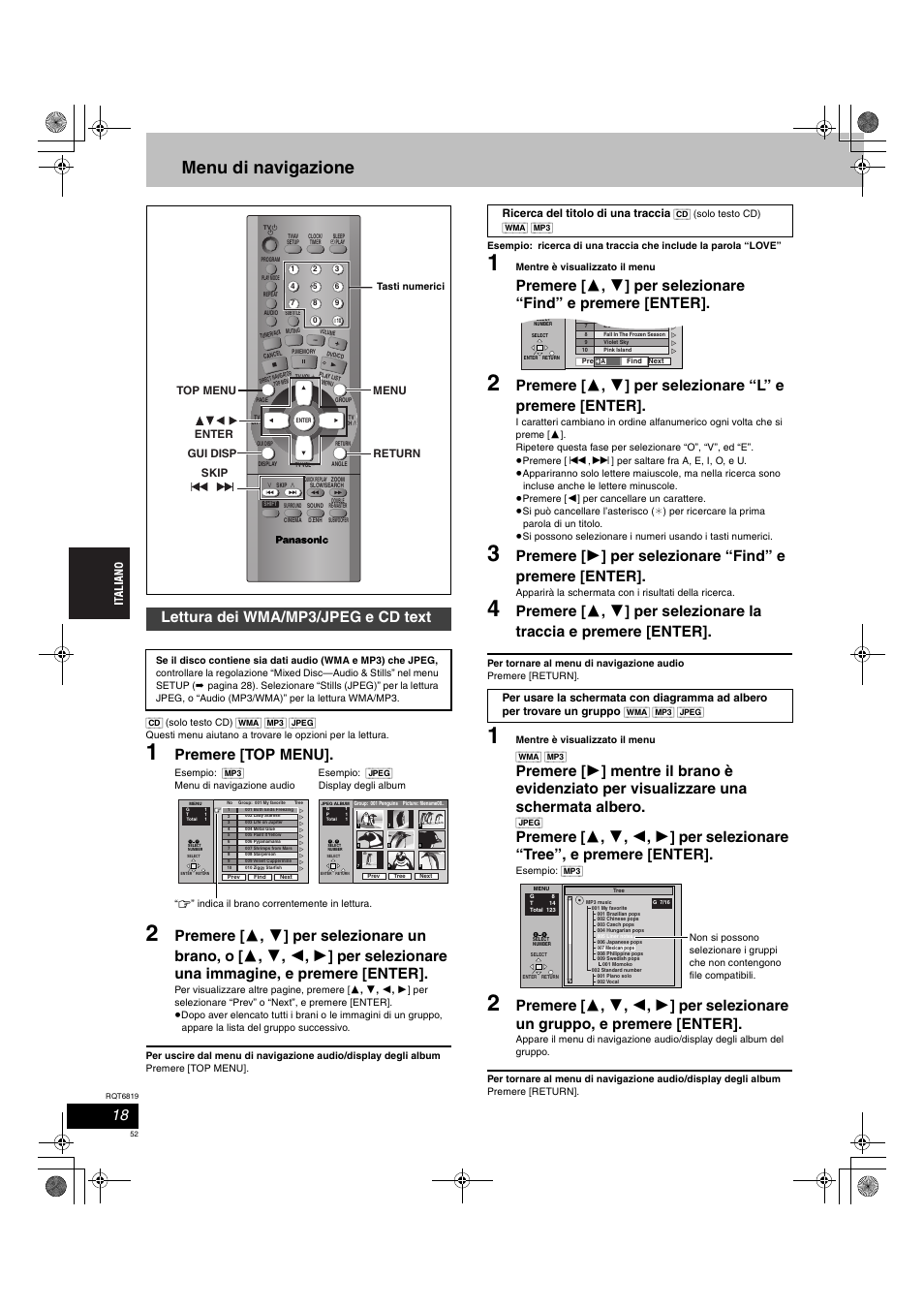 Menu di navigazione, Premere [top menu, Lettura dei wma/mp3/jpeg e cd text | Panasonic SCDP1 User Manual | Page 52 / 104