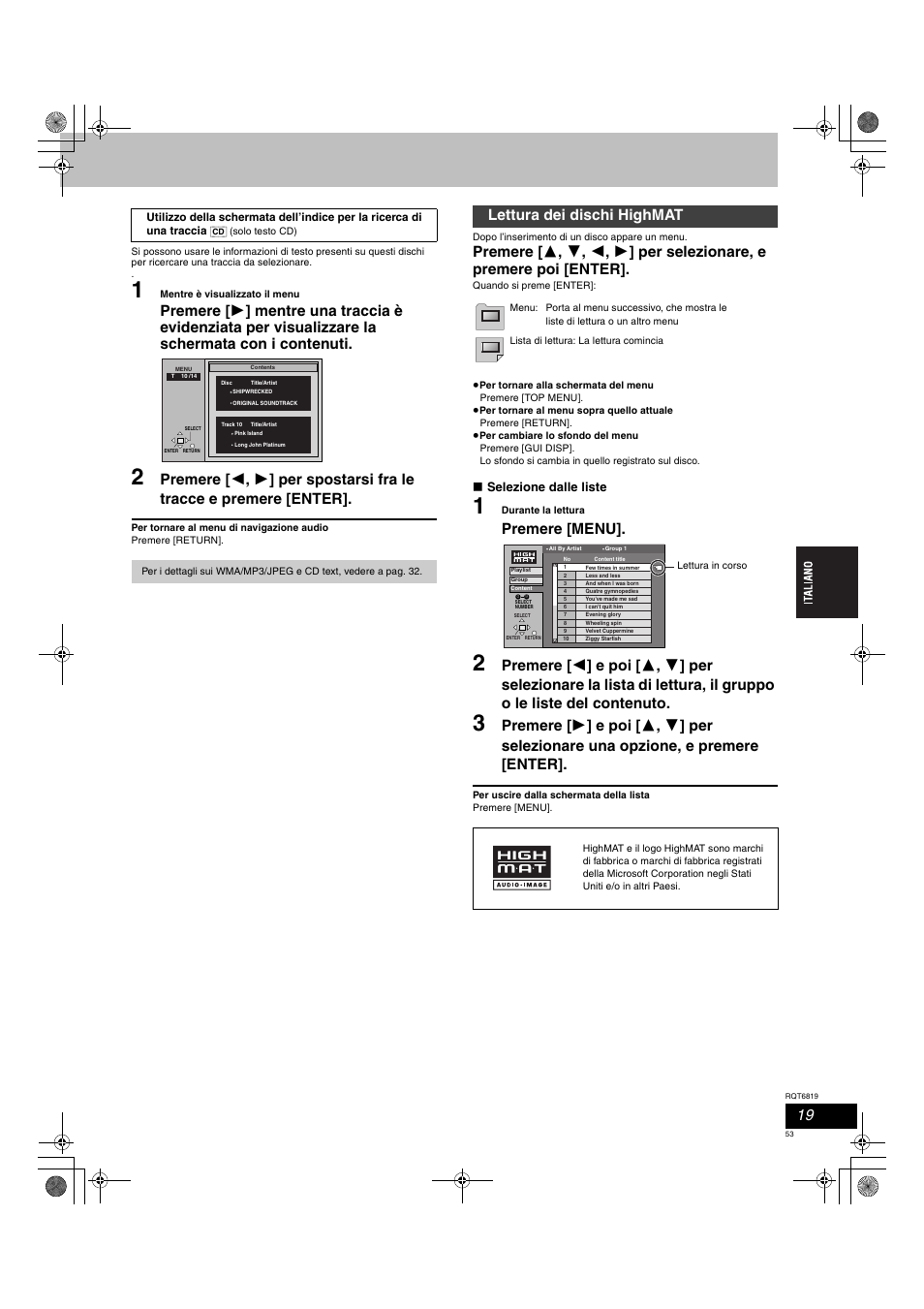Premere [menu, Lettura dei dischi highmat, Selezione dalle liste | Panasonic SCDP1 User Manual | Page 53 / 104