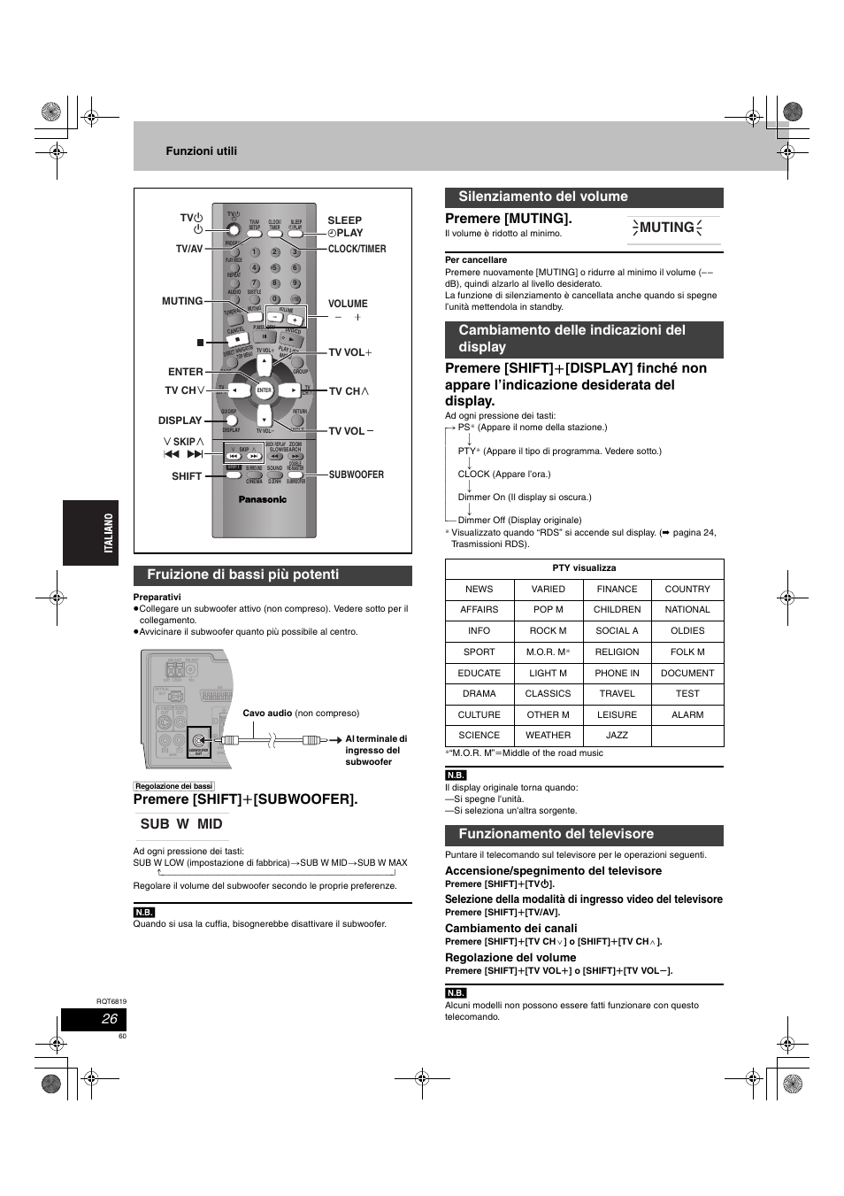 Premere [shift] i [subwoofer, Premere [muting, Fruizione di bassi più potenti | Funzionamento del televisore muting, Funzioni utili, Accensione/spegnimento del televisore, Cambiamento dei canali, Regolazione del volume | Panasonic SCDP1 User Manual | Page 60 / 104
