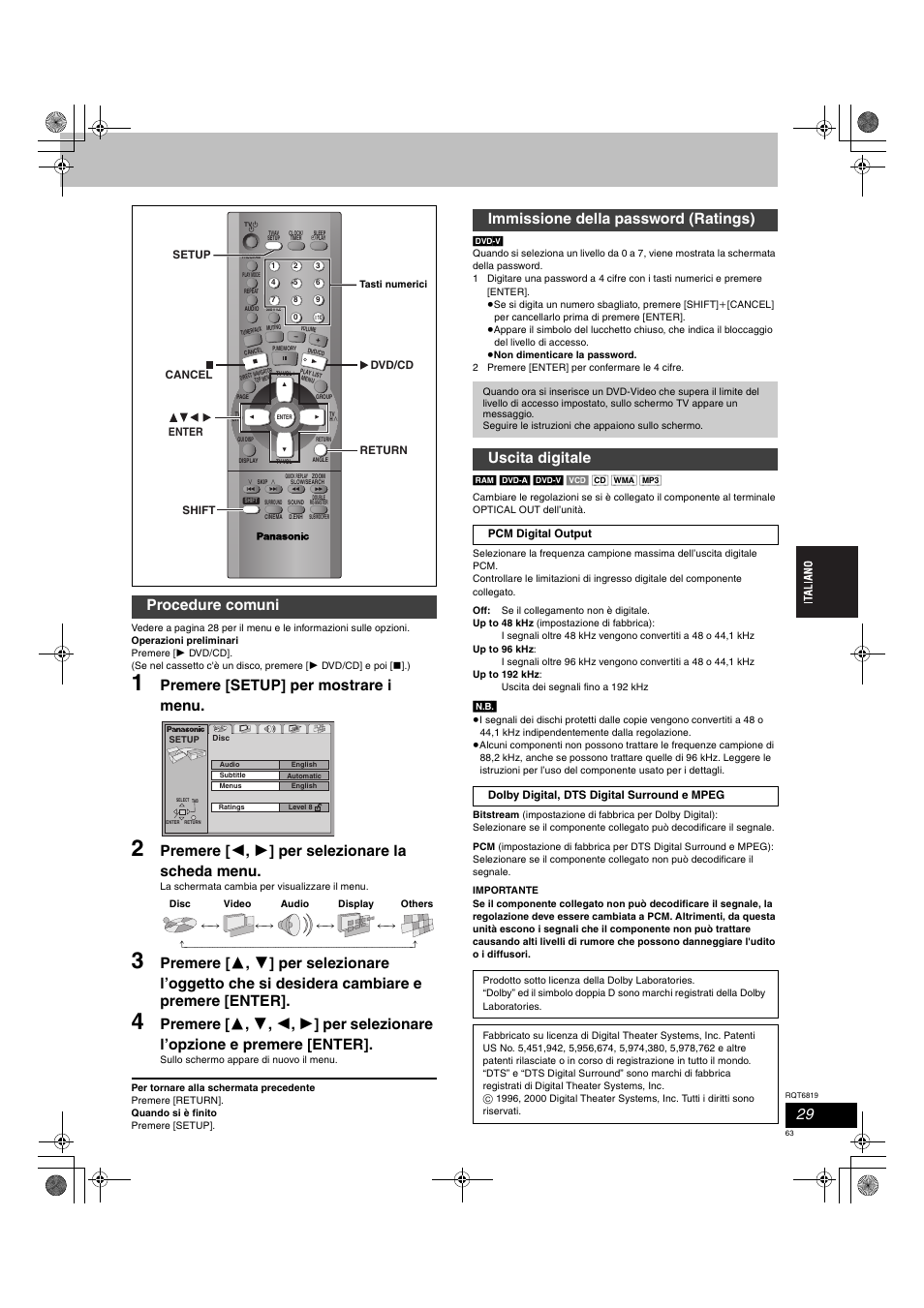 Premere [setup] per mostrare i menu, Premere [ 2 , 1 ] per selezionare la scheda menu, Procedure comuni | Immissione della password (ratings), Uscita digitale | Panasonic SCDP1 User Manual | Page 63 / 104