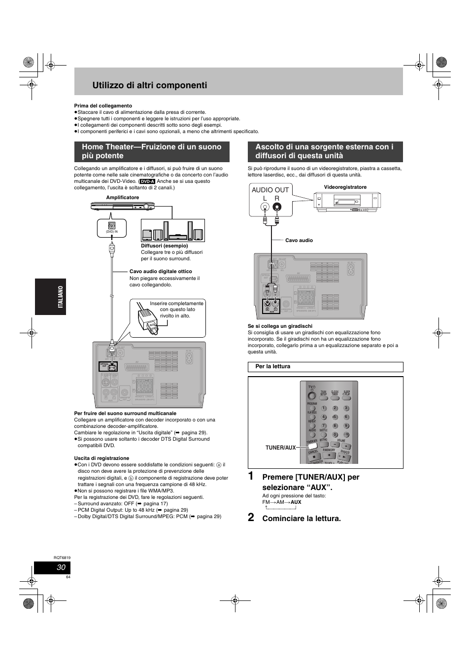 Utilizzo di altri componenti, Premere [tuner/aux] per selezionare “aux, Volume | Audio out l r, Per la lettura, Tuner/aux | Panasonic SCDP1 User Manual | Page 64 / 104