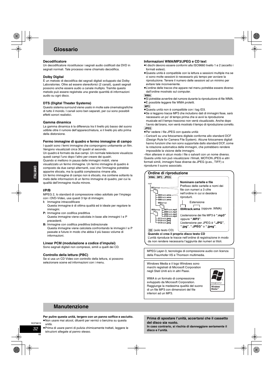 Glossario, Manutenzione | Panasonic SCDP1 User Manual | Page 66 / 104