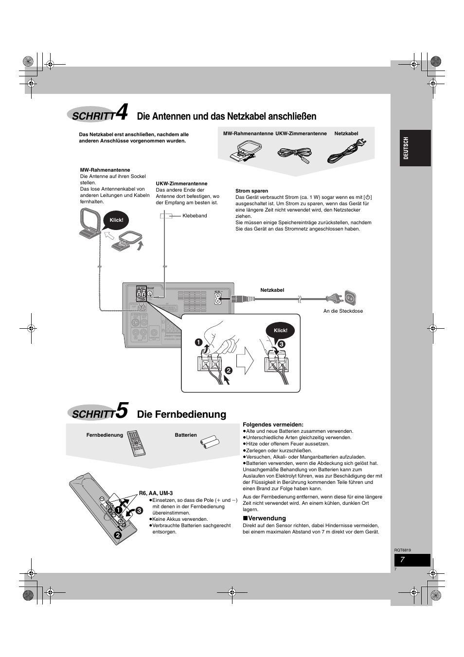 Schritt, Die antennen und das netzkabel anschließen, Die fernbedienung | Panasonic SCDP1 User Manual | Page 7 / 104
