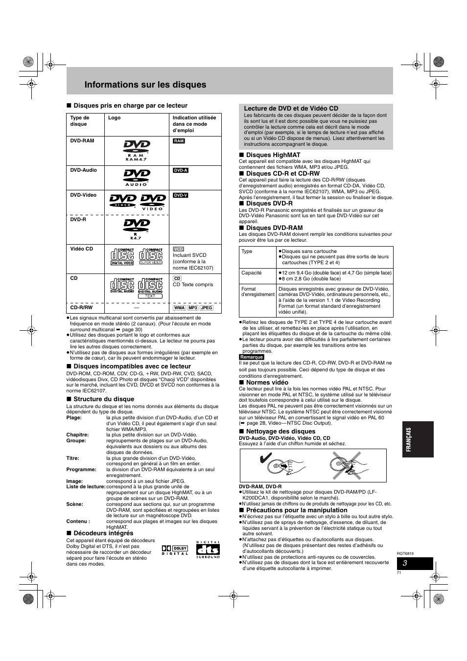 Informations sur les disques | Panasonic SCDP1 User Manual | Page 71 / 104