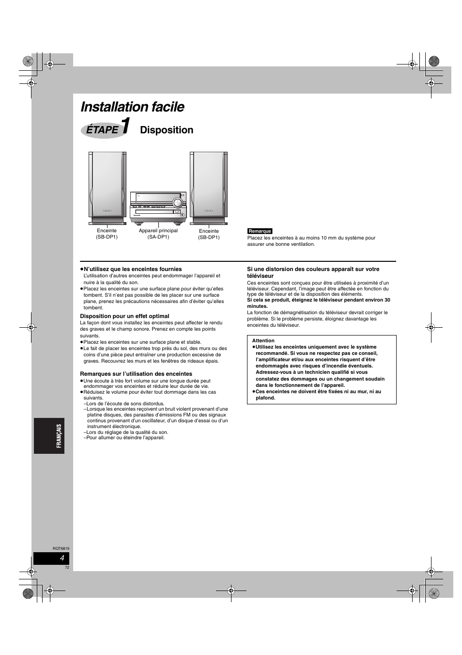 Installation facile, Étape, Disposition | Panasonic SCDP1 User Manual | Page 72 / 104