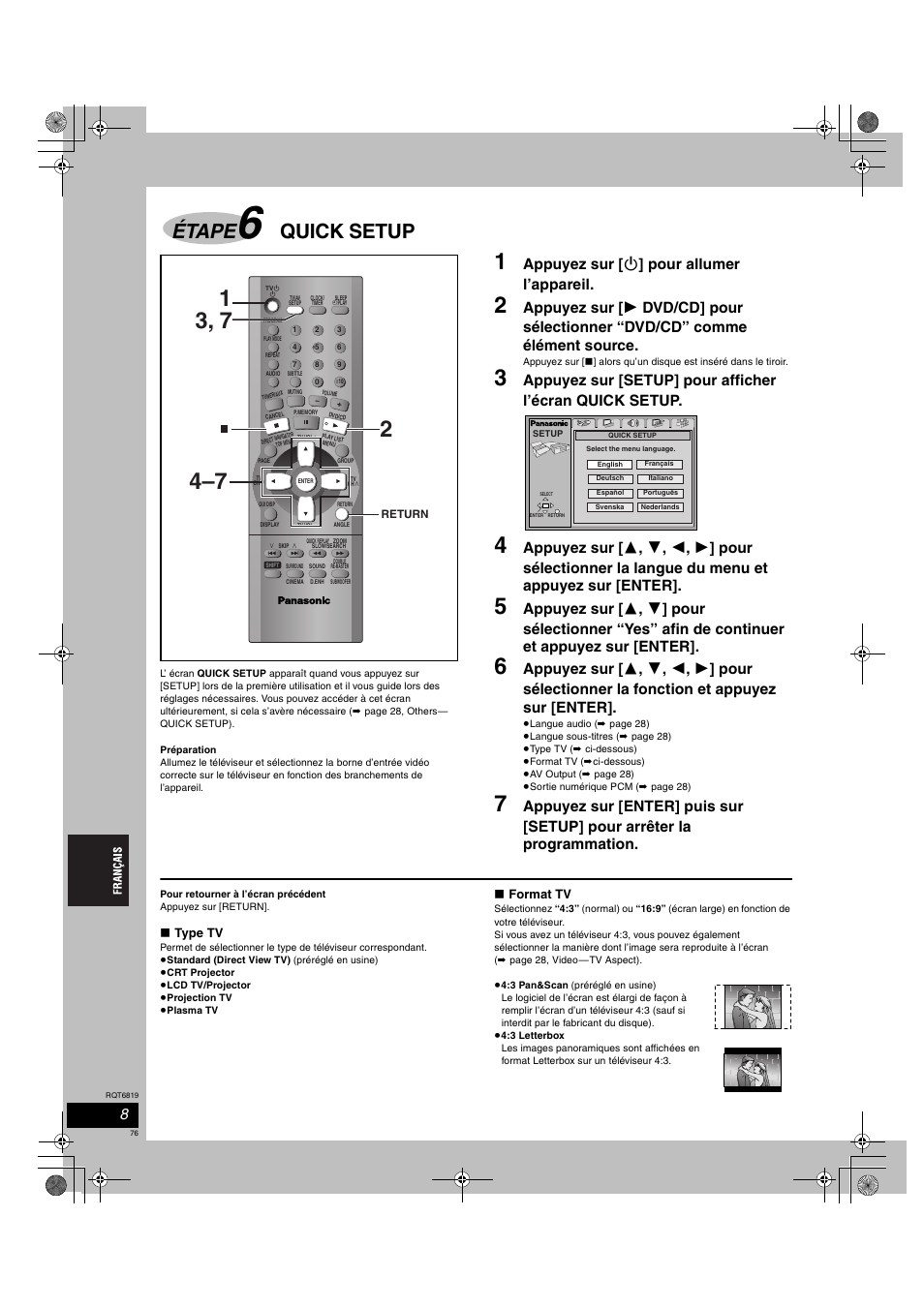 Étape, Quick setup, Appuyez sur [ í ] pour allumer l’appareil | Panasonic SCDP1 User Manual | Page 76 / 104