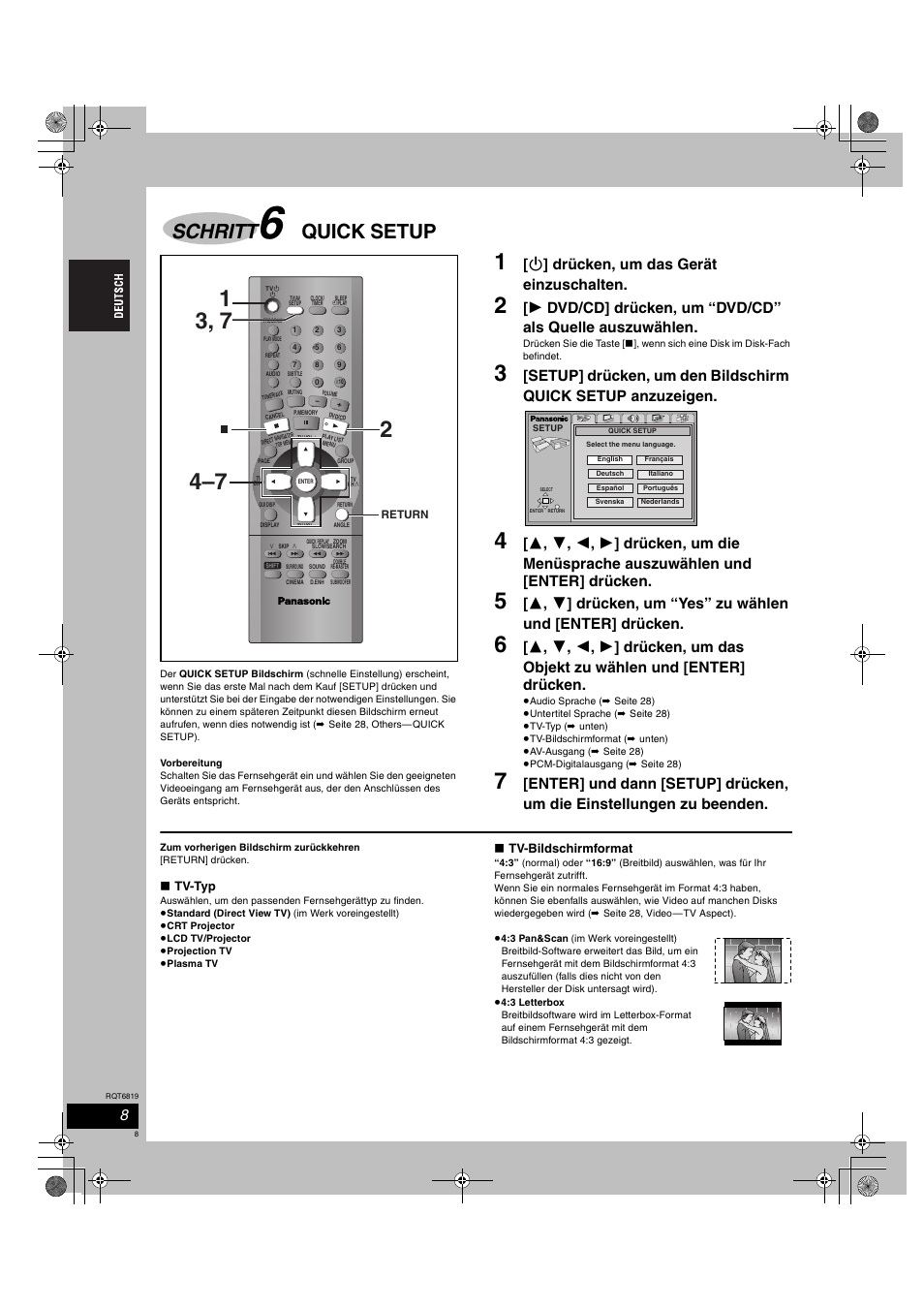 Schritt, Quick setup, Í ] drücken, um das gerät einzuschalten | Panasonic SCDP1 User Manual | Page 8 / 104